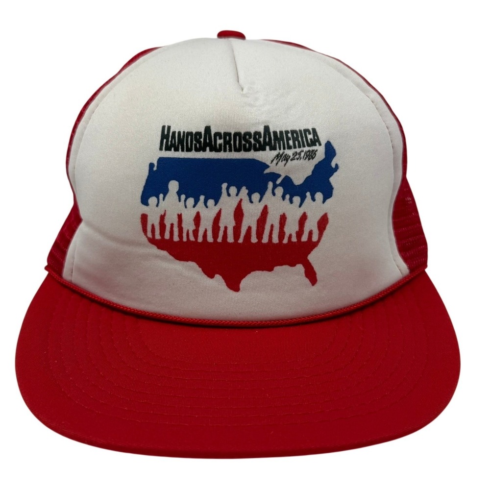 Hands Across America Trucker Hat Red White Vintage 1986 Snapback Mesh